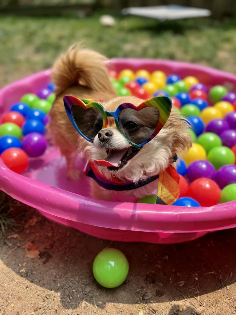 Small dog wearing rainbow heart-shaped sunglasses, having fun in a colorful ball pit outdoors.